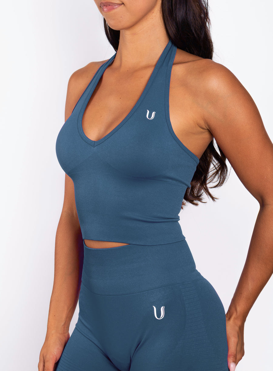 Bibi | Top Halter A Coste Senza Cuciture – Blu